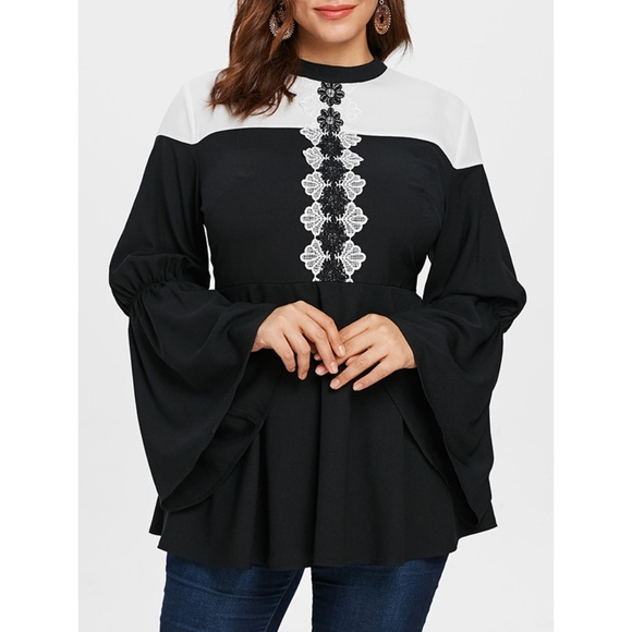 Black & White Plus Size Jewel Neck Power Blouse - Picture 1 of 7